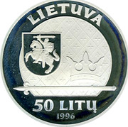 Lithuania 50 Litu Mindaugas - the King of Lithuania 1996 LMK Proof KM# 102 LIETUVA LMK 50 LITŲ 1996 coin obverse