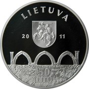 Lithuania 50 Litu Vilnius Upper Castle 2011 Proof KM# 219 LIETUVA 2011 LMK 50 LITŲ coin obverse Lithuania 50 Litu Vilnius Upper Castle 2011 Proof KM# 219 LIETUVA 2011 LMK 50 LITŲ coin obverse