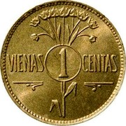 Lithuania Centas 1925 KM# 71 Republic VIENAS 1 CENTAS coin reverse Lithuania Centas 1925 KM# 71 Republic VIENAS 1 CENTAS coin reverse