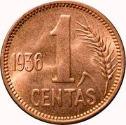 Lithuania Centas 1936 KM# 79 Republic 1 CENTAS 1936 coin reverse Lithuania Centas 1936 KM# 79 Republic 1 CENTAS 1936 coin reverse