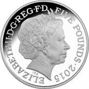 UK Five Pounds Gallipoli Landings 2015 Proof ELIZABETH.II.D.G.REG.F.D FIVE POUNDS.2015 IRB coin obverse UK Five Pounds Gallipoli Landings 2015 Proof ELIZABETH.II.D.G.REG.F.D FIVE POUNDS.2015 IRB coin obverse