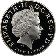 UK Five Pounds Vivat Regina Piedfort 2006 Proof KM# P58 ELIZABETH∙II D∙G∙REG∙F∙D FIVE POUNDS IRB coin obverse