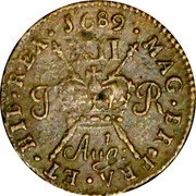Ireland Shilling James II 1689 Aug KM# 94 MAG BR FRA ET HIB REX 1689 XII J R AUG T coin reverse Ireland Shilling James II 1689 Aug KM# 94 MAG BR FRA ET HIB REX 1689 XII J R AUG T coin reverse
