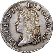 Ireland Shilling James II Gun Money 1690 Proof, May KM# 100a IACOBUS∙II∙DEI∙GRATIA. coin obverse Ireland Shilling James II Gun Money 1690 Proof, May KM# 100a IACOBUS∙II∙DEI∙GRATIA. coin obverse