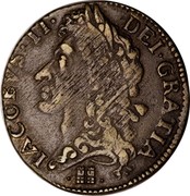 Ireland Shilling (James II Gun Money) KM# 100 IACOBVS. II. DEI. GRATIA. coin obverse Ireland Shilling (James II Gun Money) KM# 100 IACOBVS. II. DEI. GRATIA. coin obverse