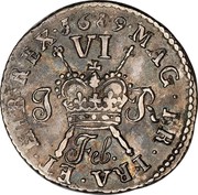 Ireland Sixpence James II Gun Money 1689 Proof, Feb KM# 93a MAG∙BR∙FRA∙ET∙HIB∙REX∙ FEB. 1689 coin reverse Ireland Sixpence James II Gun Money 1689 Proof, Feb KM# 93a MAG∙BR∙FRA∙ET∙HIB∙REX∙ FEB. 1689 coin reverse