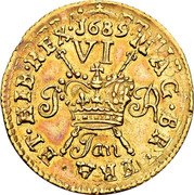 Ireland Sixpence James II Gun Money 1689 Proof, Feb, Gold strikings not contemporary KM# 93b MAG BR FRA ET HIB REX 1689 VI I R JAN coin reverse Ireland Sixpence James II Gun Money 1689 Proof, Feb, Gold strikings not contemporary KM# 93b MAG BR FRA ET HIB REX 1689 VI I R JAN coin reverse