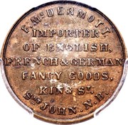 Canada 1/2 Penny F. McDermott ND (1845-1855)  F. MCDERMOTT IMPORTER OF ENGLISH, FRENCH & GERMAN FANCY GOODS, KING ST. SNT JOHN.N.B. coin reverse Canada 1/2 Penny F. McDermott ND (1845-1855)  F. MCDERMOTT IMPORTER OF ENGLISH, FRENCH & GERMAN FANCY GOODS, KING ST. SNT JOHN.N.B. coin reverse