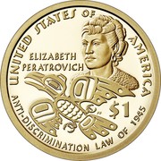 USA $1 (Anti-Discrimination Law) UNITED STATES OF AMERICA ELIZABETH PERATROVICH PH $1 ANTI-DISCRIMINATION LAW OF 1945 coin reverse USA $1 (Anti-Discrimination Law) UNITED STATES OF AMERICA ELIZABETH PERATROVICH PH $1 ANTI-DISCRIMINATION LAW OF 1945 coin reverse