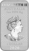 Australia 1 Dollar Dragons 2020 P ELIZABETH II AUSTRALIA 1 OZ 9999 AG 1 DOLLAR 2020 coin obverse Australia 1 Dollar Dragons 2020 P ELIZABETH II AUSTRALIA 1 OZ 9999 AG 1 DOLLAR 2020 coin obverse
