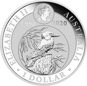 Australia 1 Dollar Kookaburra - 30th Anniversary 2020 ELIZABETH II AUSTRALIA 1 DOLLAR 1990 2020 coin obverse Australia 1 Dollar Kookaburra - 30th Anniversary 2020 ELIZABETH II AUSTRALIA 1 DOLLAR 1990 2020 coin obverse