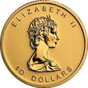 Canada 10 Dollars 30th Anniversary Gold Maple Leaf Hologram 2009 Proof ELIZABETH II 10 DOLLARS coin obverse Canada 10 Dollars 30th Anniversary Gold Maple Leaf Hologram 2009 Proof ELIZABETH II 10 DOLLARS coin obverse
