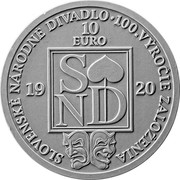 Slovakia 10 Euro 100th anniversary of the Slovak National Theatre 2020 SLOVENSKÊ NÅRODNÉ DIVADLO 100 VŶROĊIE ZALOŽENIA coin reverse Slovakia 10 Euro 100th anniversary of the Slovak National Theatre 2020 SLOVENSKÊ NÅRODNÉ DIVADLO 100 VŶROĊIE ZALOŽENIA coin reverse
