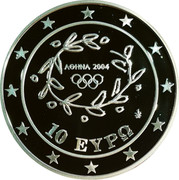 Greece 10 Euro Summer Olympics 2004 in Athens - Handball (2004) Proof KM# 205 ΑΘΗΝΑ 2004 10 ΕΥΡΩ coin obverse Greece 10 Euro Summer Olympics 2004 in Athens - Handball (2004) Proof KM# 205 ΑΘΗΝΑ 2004 10 ΕΥΡΩ coin obverse