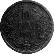 Finland 10 Penny Aleksandr II 1863 Stockholm mint KM# Pn3 10 PENNIÄ 1863 coin reverse Finland 10 Penny Aleksandr II 1863 Stockholm mint KM# Pn3 10 PENNIÄ 1863 coin reverse