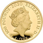 UK 100 Pounds Members of Queen 2020 Proof ELIZABETH II ∙ D ∙ G ∙ REG ∙ F ∙ D ∙ 100 POUNDS ∙ 2020 ∙ JC coin obverse UK 100 Pounds Members of Queen 2020 Proof ELIZABETH II ∙ D ∙ G ∙ REG ∙ F ∙ D ∙ 100 POUNDS ∙ 2020 ∙ JC coin obverse