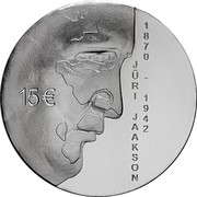 Estonia 15 Euro 150th anniversary of the birth of Juri Jaakson 2020 JÜRI JAAKSON 1870 - 1942 coin obverse Estonia 15 Euro 150th anniversary of the birth of Juri Jaakson 2020 JÜRI JAAKSON 1870 - 1942 coin obverse