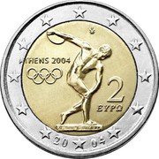 Greece 2 Euro Olympic Summer Games in Athens 2004 KM# 209 ATHENS 2004 2 ΕΥΡΩ 20 04 coin obverse Greece 2 Euro Olympic Summer Games in Athens 2004 KM# 209 ATHENS 2004 2 ΕΥΡΩ 20 04 coin obverse