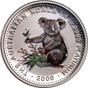 Australia 25 Dollars Koala (Colored) 2000 Proof THE AUSTRALIAN KOALA 1/4 OZ. 9995 PLATINUM P100 DATE coin reverse Australia 25 Dollars Koala (Colored) 2000 Proof THE AUSTRALIAN KOALA 1/4 OZ. 9995 PLATINUM P100 DATE coin reverse