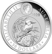 Australia 30 Dollars 30th Anniversary of the Kookaburra 2020 ELIZABETH II AUSTRALIA 30 DOLLARS 1990 2020 coin obverse Australia 30 Dollars 30th Anniversary of the Kookaburra 2020 ELIZABETH II AUSTRALIA 30 DOLLARS 1990 2020 coin obverse
