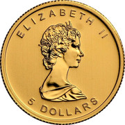 Canada 5 Dollars 30th Anniversary Gold Maple Leaf Hologram 2009 Proof ELIZABETH II 5 DOLLARS coin obverse Canada 5 Dollars 30th Anniversary Gold Maple Leaf Hologram 2009 Proof ELIZABETH II 5 DOLLARS coin obverse