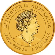 Australia 5 Dollars 6th Portrait - Year of the Mouse 2020 P BU ELIZABETH II AUSTRALIA JC 1/20OZ 9999 AU 5 DOLLARS coin obverse Australia 5 Dollars 6th Portrait - Year of the Mouse 2020 P BU ELIZABETH II AUSTRALIA JC 1/20OZ 9999 AU 5 DOLLARS coin obverse