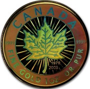 Canada 50 Dollars 30th Anniversary Gold Maple Leaf Hologram 2009 Proof 9999 9999 CANADA FINE GOLD 1 OZ OR PUR 1979 2009 coin reverse Canada 50 Dollars 30th Anniversary Gold Maple Leaf Hologram 2009 Proof 9999 9999 CANADA FINE GOLD 1 OZ OR PUR 1979 2009 coin reverse