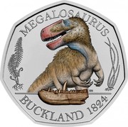 UK 50 Pence Megalosaurus (Colored) 2020 BU MEGALOSAURUS RN BUCKLAND 1824 coin reverse UK 50 Pence Megalosaurus (Colored) 2020 BU MEGALOSAURUS RN BUCKLAND 1824 coin reverse