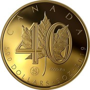 Canada 500 Dollars 40th Anniversary of the Gold Maple Leaf 2019 9999 AU; CANADA 500 DOLLARS • 5OZ • 2019 coin reverse Canada 500 Dollars 40th Anniversary of the Gold Maple Leaf 2019 9999 AU; CANADA 500 DOLLARS • 5OZ • 2019 coin reverse