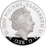 UK 500 Pounds Queen's Beasts - White Lion of Mortimer 2020 500 POUNDS ELIZABETH II D G REG F D coin obverse UK 500 Pounds Queen's Beasts - White Lion of Mortimer 2020 500 POUNDS ELIZABETH II D G REG F D coin obverse