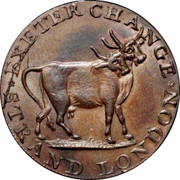 UK Halfpenny Middlesex - Pidcock's Two-headed cow ND EXETER CHANGE STR AND LONDON coin obverse UK Halfpenny Middlesex - Pidcock's Two-headed cow ND EXETER CHANGE STR AND LONDON coin obverse