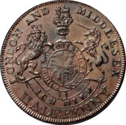 UK Halfpenny Middlesex - Pidcock's Two-headed cow ND LONDON AND MIDDLESEX HALFPENNY coin reverse UK Halfpenny Middlesex - Pidcock's Two-headed cow ND LONDON AND MIDDLESEX HALFPENNY coin reverse