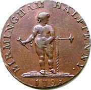 UK Halfpenny Warwickshire - Birmingham Johnson 1793  BIRMINGHAM HALFPENNY 1793 coin obverse UK Halfpenny Warwickshire - Birmingham Johnson 1793  BIRMINGHAM HALFPENNY 1793 coin obverse