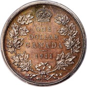 Canada One Dollar George V Specimen Pattern 1911 KM# Pn15 ONE DOLLAR CANADA 1911 coin reverse Canada One Dollar George V Specimen Pattern 1911 KM# Pn15 ONE DOLLAR CANADA 1911 coin reverse