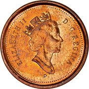 Canada 1 Cent Elizabeth II 3rd portrait (Magnetic) 2003 P KM# 289b ELIZABETH II D G REGINA P coin obverse Canada 1 Cent Elizabeth II 3rd portrait (Magnetic) 2003 P KM# 289b ELIZABETH II D G REGINA P coin obverse