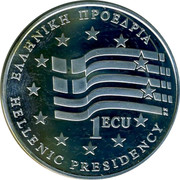 Greece 1 ECU Hellenic Presidency 1994 UNC X# 35 HELLENIC PRESIDENCY EΛΛHNIKH ΠPOEΔPIA 1 ECU coin obverse Greece 1 ECU Hellenic Presidency 1994 UNC X# 35 HELLENIC PRESIDENCY EΛΛHNIKH ΠPOEΔPIA 1 ECU coin obverse