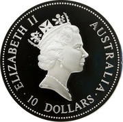 Australia 10 Dollars The Australian Kookaburra 1997 Proof KM# 351a 10 DOLLARS AUSTRALIA ELIZABETH II coin obverse Australia 10 Dollars The Australian Kookaburra 1997 Proof KM# 351a 10 DOLLARS AUSTRALIA ELIZABETH II coin obverse