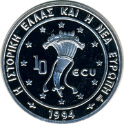 Greece 10 ECU Dolphins 1994 Proof H IΣΤOPIKH EΛΛAΣ KAI H NEA EYPΩΠH 1994 10 ECU coin obverse