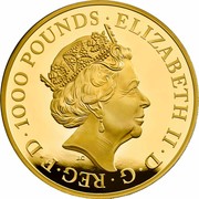 UK 1000 Pounds Una and The Lion 2019 Proof ELIZABETH II D G REG FID DEF 1000 POUNDS J.C coin obverse UK 1000 Pounds Una and The Lion 2019 Proof ELIZABETH II D G REG FID DEF 1000 POUNDS J.C coin obverse