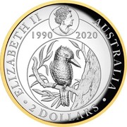 Australia 2 Dollars Kookaburra 30th Anniversary 2020 Proof ELIZABETH II AUSTRALIA 2 DOLLARS 1990 2020 coin obverse Australia 2 Dollars Kookaburra 30th Anniversary 2020 Proof ELIZABETH II AUSTRALIA 2 DOLLARS 1990 2020 coin obverse