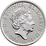 UK 2 Pounds (20th Anniversary of the Silver Britannia) 2 POUNDS ELIZABETH II D G REG F D coin obverse UK 2 Pounds (20th Anniversary of the Silver Britannia) 2 POUNDS ELIZABETH II D G REG F D coin obverse