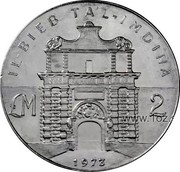 Malta 2 Pounds (Mdina Gate) KM# 20 IL-BIEB TA'L-IMDINA LM 2 1973 coin reverse Malta 2 Pounds (Mdina Gate) KM# 20 IL-BIEB TA'L-IMDINA LM 2 1973 coin reverse