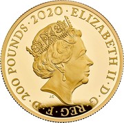 UK 200 Pounds Elton John 2020 Proof ELIZABETH II D G REG F D 200 POUNDS 2020 J.C coin obverse UK 200 Pounds Elton John 2020 Proof ELIZABETH II D G REG F D 200 POUNDS 2020 J.C coin obverse