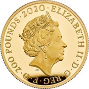 UK 200 Pounds Music Legends - Queen 2020 Proof ELIZABETH II D G REG F D 200 POUNDS 2020 coin obverse UK 200 Pounds Music Legends - Queen 2020 Proof ELIZABETH II D G REG F D 200 POUNDS 2020 coin obverse