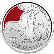 Canada 25 Cents The Atlantic puffin 2020 (47.5238, -52.6201) 2020 25 CENTS CANADA coin reverse Canada 25 Cents The Atlantic puffin 2020 (47.5238, -52.6201) 2020 25 CENTS CANADA coin reverse