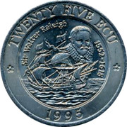 UK 25 ECU 1995 UNC British Token Coins TWENTY FIVE ECU SIR WALTER RALEIGH 1552-1618 1995 coin obverse