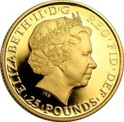 UK 25 Pounds Britannia facing left 2014 Proof ELIZABETH II D G REG F D 25 POUNDS coin obverse UK 25 Pounds Britannia facing left 2014 Proof ELIZABETH II D G REG F D 25 POUNDS coin obverse