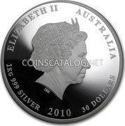 Australia 30 Dollars Year of the Tiger Colored 2010 P ELIZABETH II AUSTRALIA 1 KG 999 SILVER 2010 30 DOLLARS coin obverse Australia 30 Dollars Year of the Tiger Colored 2010 P ELIZABETH II AUSTRALIA 1 KG 999 SILVER 2010 30 DOLLARS coin obverse