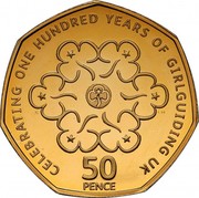 UK 50 Pence 100th Anniversary of Girl Guiding 2010 KM# 1165b CELEBRATING ONE HUNDRED YEARS OF GIRLGUIDING UK 50 PENCE coin reverse UK 50 Pence 100th Anniversary of Girl Guiding 2010 KM# 1165b CELEBRATING ONE HUNDRED YEARS OF GIRLGUIDING UK 50 PENCE coin reverse