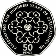 UK 50 Pence Girl Guides. Piedfort 2010 KM# P99 CELEBRATING ONE HUNDRED YEARS OF GIRLGUIDING UK 50 PENCE coin reverse UK 50 Pence Girl Guides. Piedfort 2010 KM# P99 CELEBRATING ONE HUNDRED YEARS OF GIRLGUIDING UK 50 PENCE coin reverse